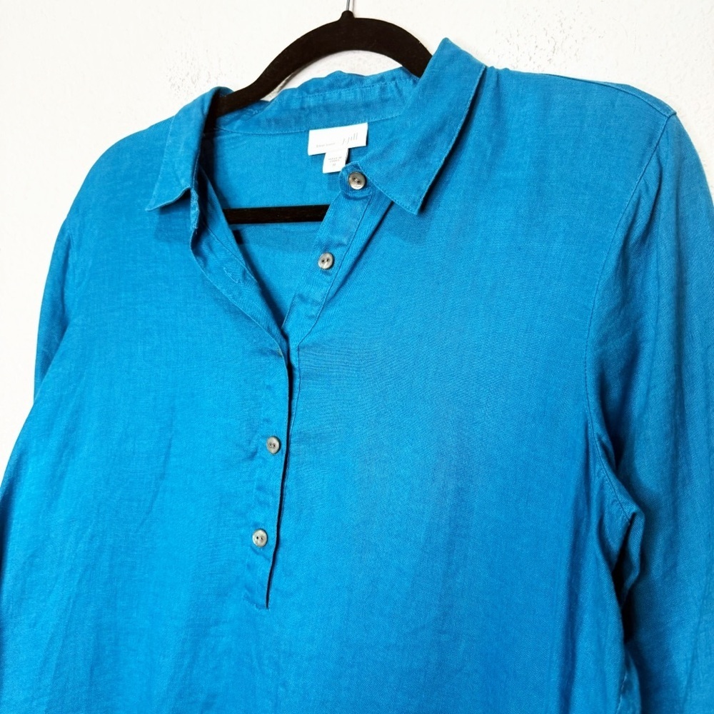J. Jill Love Linen Tahitian Teal Popover Button Tunic Top Blouse - Picture 3 of 10